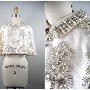 Gene Shelly&#39;s Rhinestone Pearl Beaded Cape / 1950s 1960s Vintage Bridal Caplet / Ivory Wedding Cape Bolero Shrug Poncho / Art Deco Bride