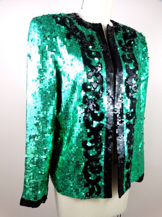 S/M Emerald Sequined Beaded Blazer / Bright Green… - image 3