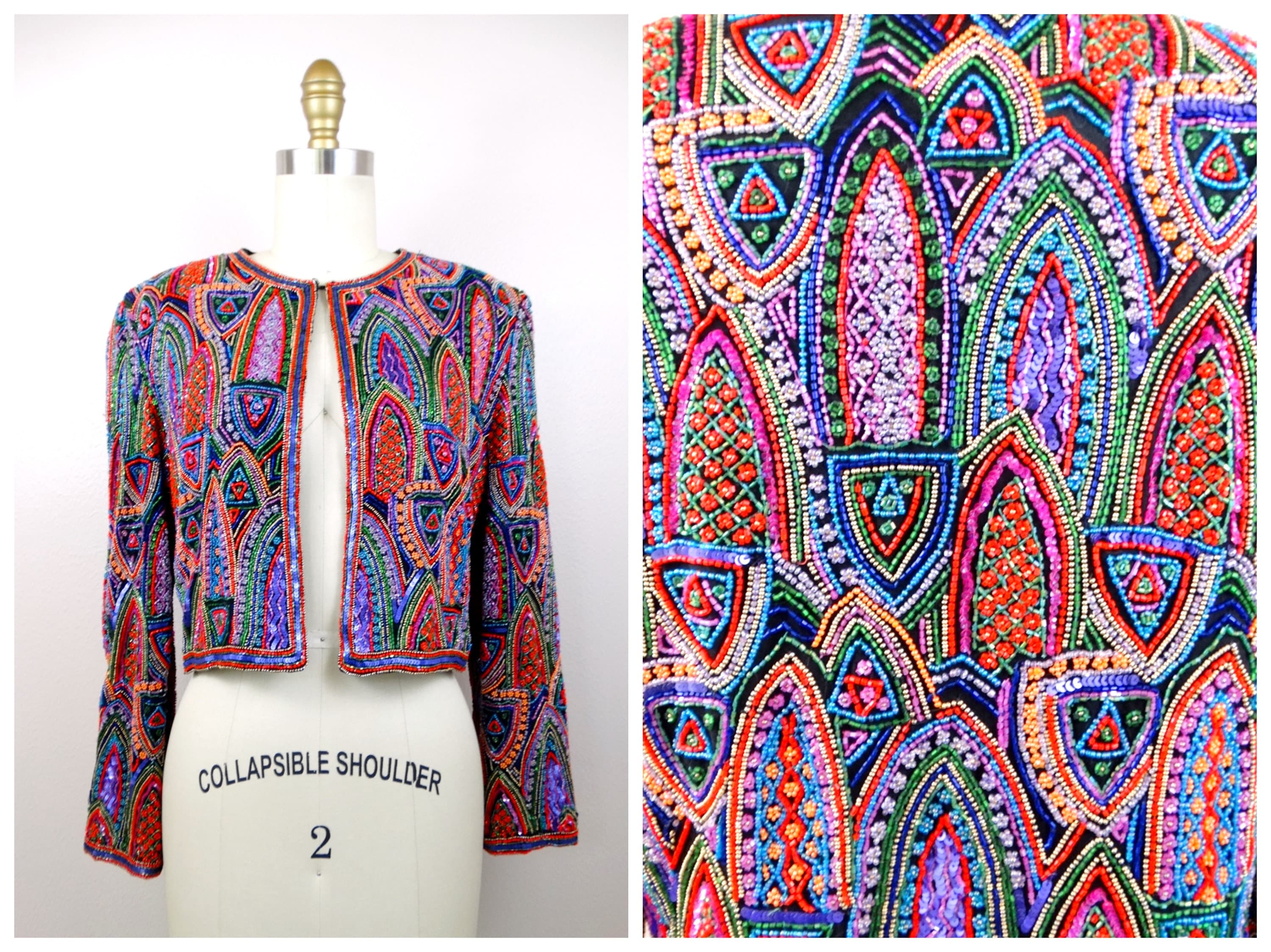 HEAVY Micro Beaded Jacket Heavily Bead Embellished Rainbow Art Deco Bolero Etsy