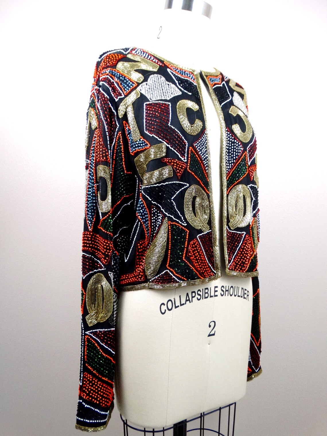 Funky Beaded Jacket / Retro Abstract Alphabet Letters Art Gold Bolero ...