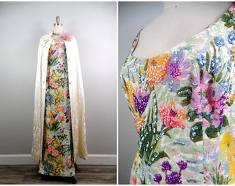 50's 60's Esther Wolf Embroidered Button Coat / Bridal Dress Coat / Floor Length Wedding Coat