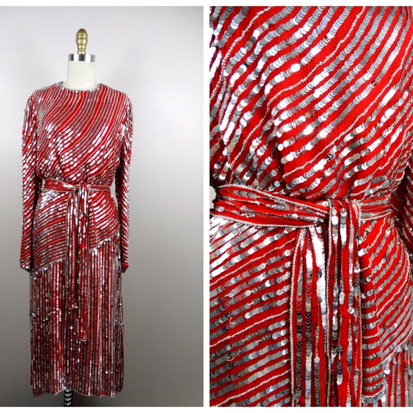 70s Red Silk Sequined Dress / Reflective Silver Sequin Dress / Hand Beaded Sequin Embellished Midi Gown w/ Belt