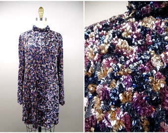 Vestido de cóctel brillante con lentejuelas // Minivestido de manga larga adornado con lentejuelas // Vestido de lentejuelas morado oscuro, ciruela y oro rosa