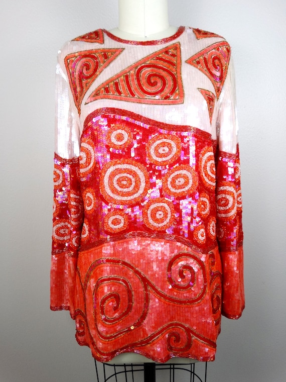 Pink and Red Sequin Beaded Top / Iridescent Sequi… - image 2