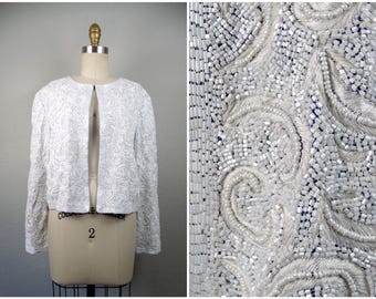 HEAVY White Embroidered Beaded Sequined Bolero Jacket w/ Blue Lining
