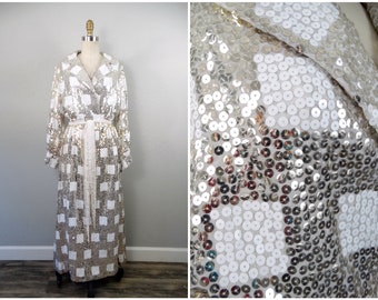 60s 70s Sequin Maxi / Retro Vintage White and Silver Checkered Wedding Dress / 1970’s Glam Sequined Bridal Gown