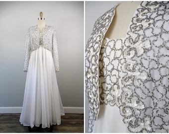 60s 70s Beaded Ball Gown / White and Silver Embellished Flowy Chiffon Maxi Dress w/ Bolero