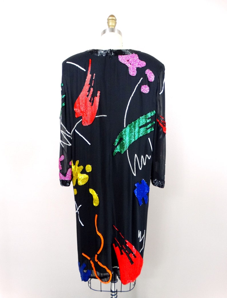 90s Abstract Art Beaded Silk Dress // Hand Embellished Cocktail Dress // Vintage Handmade Party Dress image 8