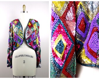 Chaqueta con lentejuelas de diamante y cuentas / Bolero adornado con lentejuelas retro brillantes / Chaqueta corta con forma de arlequín talla grande XL