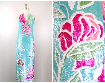 Fully Sequined Silk Gown // Y2K Sequin Embellished Pastel Blue and Neon Pink Mid Length Dress