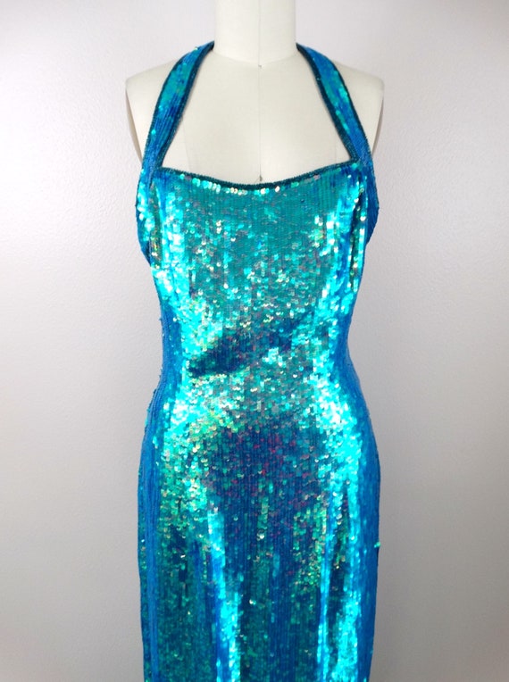 Iridescent Mermaid Sequin Gown / Opalescent Blue … - image 2