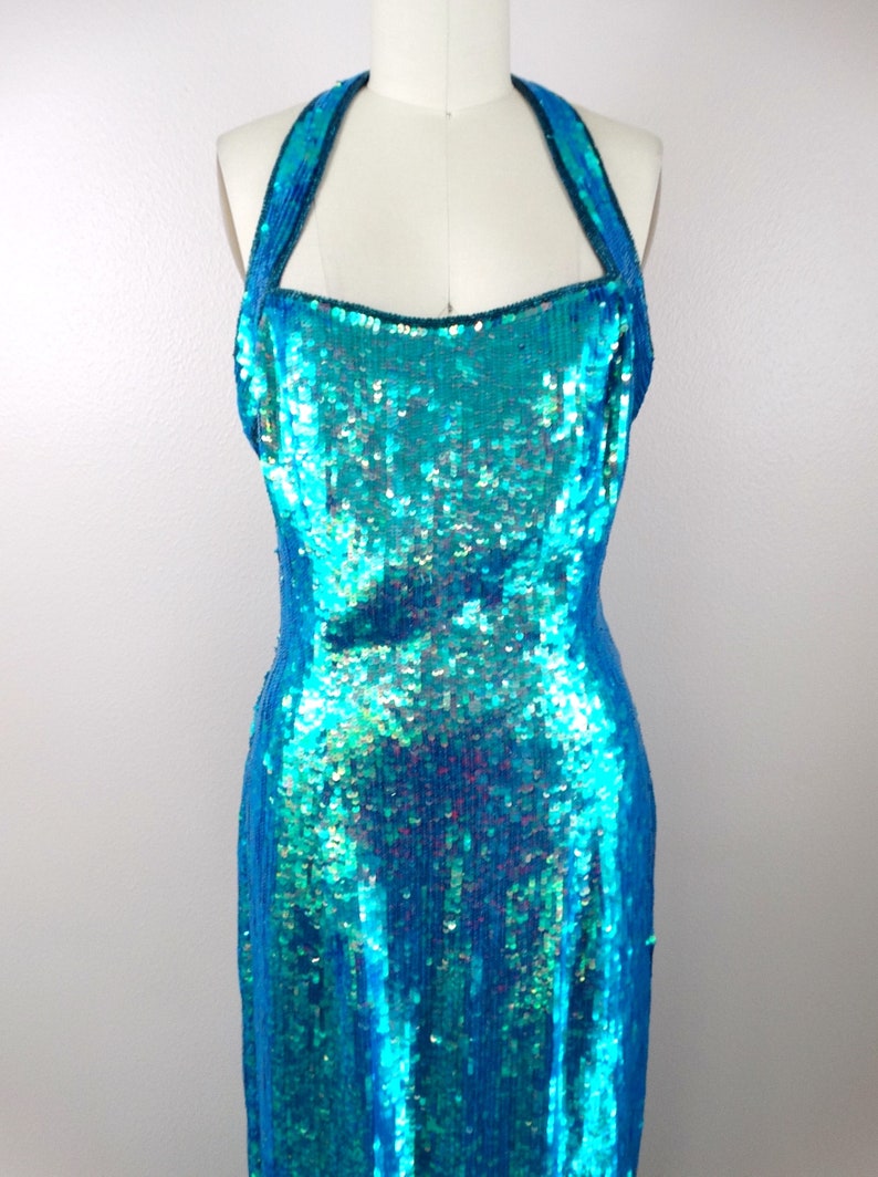 Iridescent Mermaid Sequin Gown / Opalescent Blue Green Chameleon Sequined Dress image 2