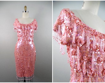 VTG Iridescent Pink Sequin Fringe Beaded Dress / Pastel Pink Pearl Tassel Beaded Sequined Dress