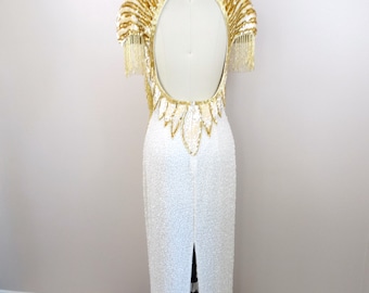 white elegant beach dress Fabrice 1980's Ivory Beaded Lace Detail Strapless Cocktail Dress main image 1