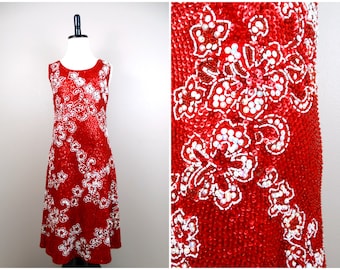 6/7 Little Girl Sequin Pageant Dress / RARE Red Hawaiian Floral Beaded Dress / Girl's Fancy Embellished Dress