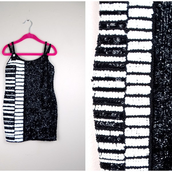 3t/4t Girl's Sequined Piano Dress / RARE Black and White Sequin Beaded Dress / Toddler's Music Recital Pageant Dress