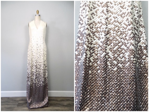 VTG Glam Ivory Brown Sequined Gown Open Back Sequin Beaded