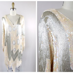 70s Glass Beaded Ivory Sequined Dress // Iridescent Sequin Mini Dress // Vintage Bugle Bead Dress