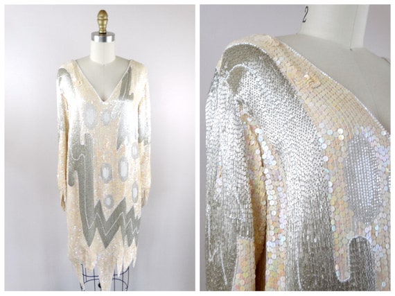70s 80s Liquid Beaded Ivory Sequin Dress / 1970's… - image 1