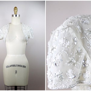 VTG Crystal Encrusted Bead Embellished Bolero // Sheer White Beaded Bridal Shrug