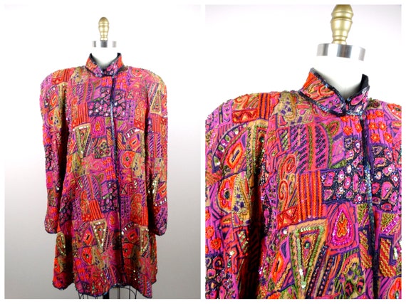 VTG Sequin Duster Jacket / Bohemian Novelty Open … - image 3