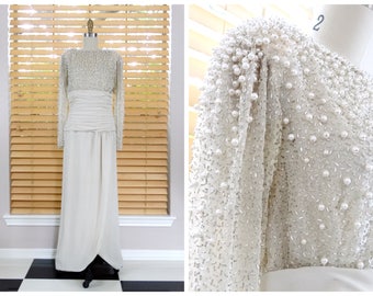 Vintage Pearl Beaded Mother of the Bride Dress / Ivory Silk Beaded Gown / Heavily Embellished Wedding Gown by Lillie Rubin