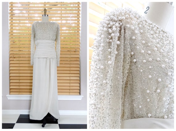 Vintage Pearl Beaded Mother of the Bride Dress / Ivory Silk Beaded Gown /  Heavily Embellished Wedding Gown by Lillie Rubin - Etsy
