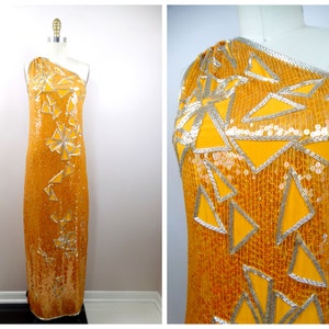 EXQUISITE Orange Silk Beaded Gown by RIAZEE and Lillie Rubin / 70s 80s Sequin Embellished Formal Dress / Orange Sequined Evening Gown
