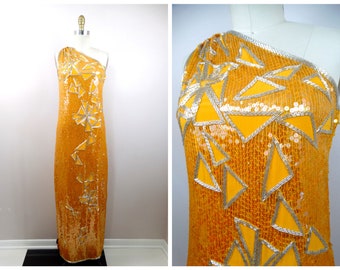 EXQUISITE Orange Silk Beaded Gown by RIAZEE and Lillie Rubin / 70s 80s Sequin Embellished Formal Dress / Orange Sequined Evening Gown