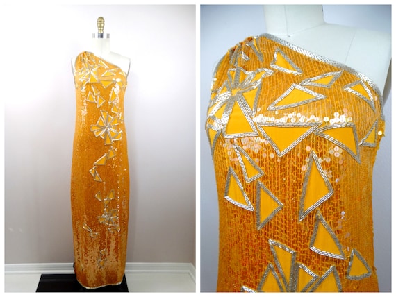 EXQUISITE Orange Silk Beaded Gown by RIAZEE and Lillie Rubin / 70s 80s Sequin Embellished Formal Dress / Orange Sequined Evening Gown