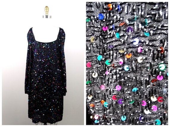 L/XL Confetti Sequined Dress // Vintage Rainbow S… - image 1