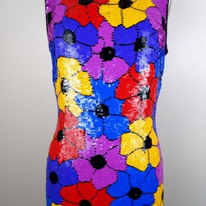 Psychedelic Sequin Dress / Retro Neon Floral Sequin Embellished Mini Dress / Bright Pink Purple Blue Red and Yellow Roses Sequined Dress image 3