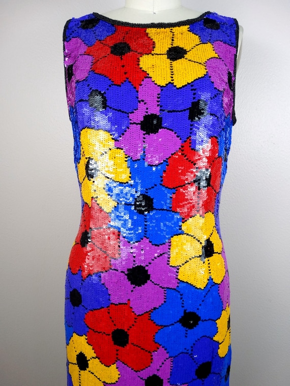 Psychedelic Sequin Dress / Retro Neon Floral Sequ… - image 3