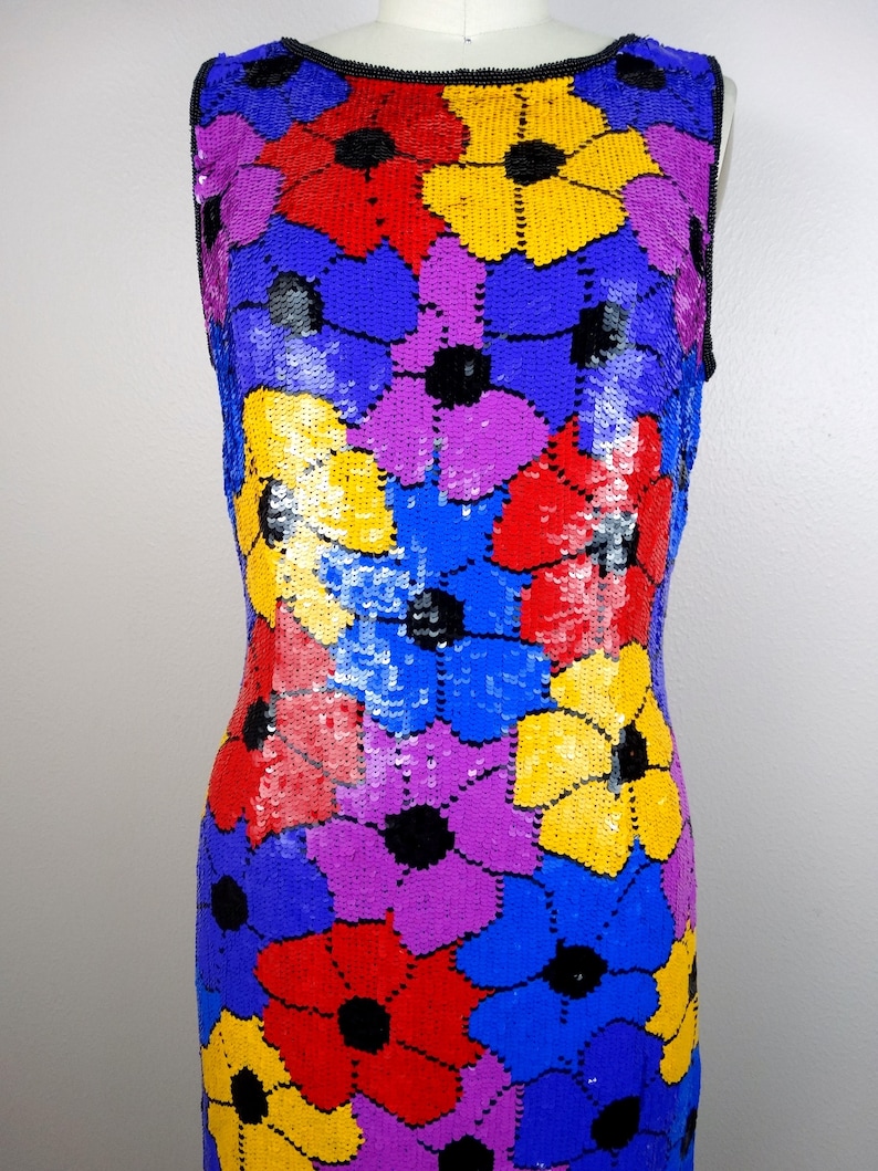 Psychedelic Sequin Dress / Retro Neon Floral Sequin Embellished Mini Dress / Bright Pink Purple Blue Red and Yellow Roses Sequined Dress image 3