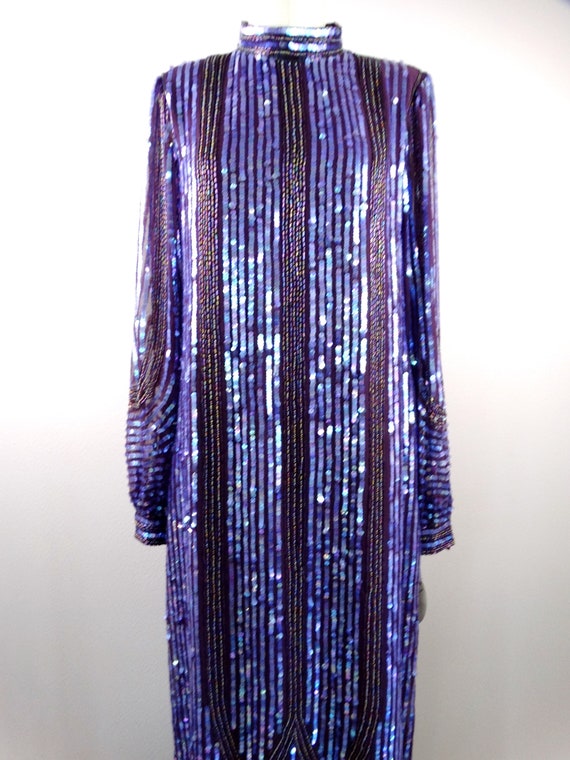 70s Couture Sequin Gown / 1970s Eggplant Dark Pur… - image 3