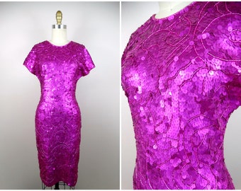 90s Magenta Sequin Bodycon Dress / 1990's Bright Pink Purple Fuchsia Stretchy Mini Dress