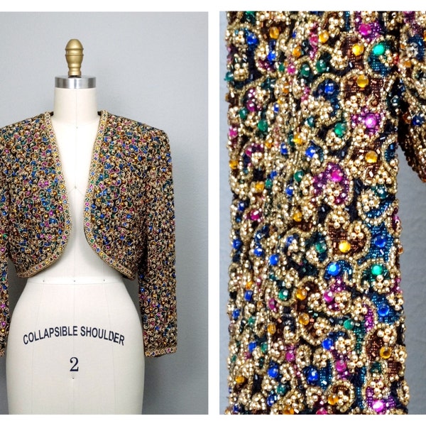 HEAVY Ornate Crystal Beaded Sequined Evening Bolero / Multicolored Bejeweled Shrug / Rhinestone Jeweled Cropped Jacket