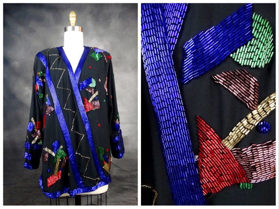 Glass Beaded Tunic Wrap // Geometric Beaded Silk W