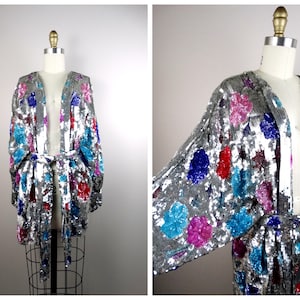 RARE Fully Sequin Duster Coat // DAZZLING Reflective Mirror Sequined Kimono Sleeve Long Jacket w/ Belt // Bright Sequin Kaftan Overcoat