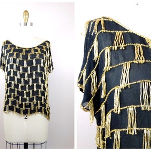 80s Sheer Silk Fringe Beaded Top // Gold Tassel Beaded Pure Silk Top