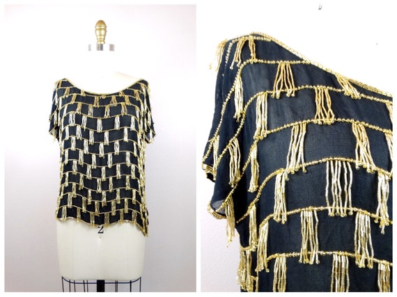 S/M Vintage Beaded Fringe Top // Gold Fringed Bead