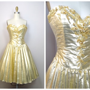 80s Lame Gold Crystal Beaded Strapless Dress / 1980&#39;s Golden Sequined Bustier Dress