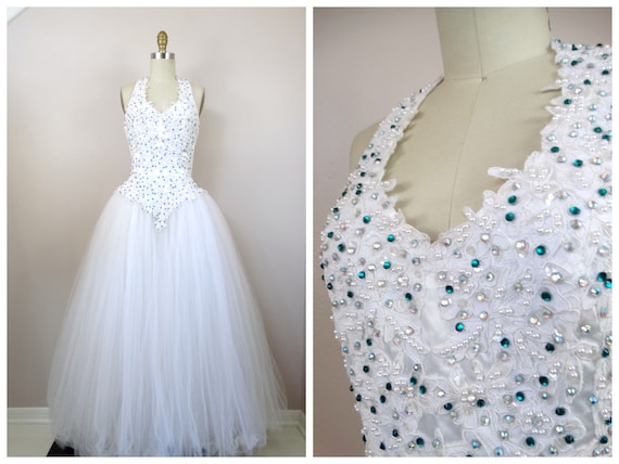 Oleg Cassini Rhinestone Wedding Gown / Emerald Crystal Beaded Princess Bridal  Dress / White Tulle Ball Gown - Etsy