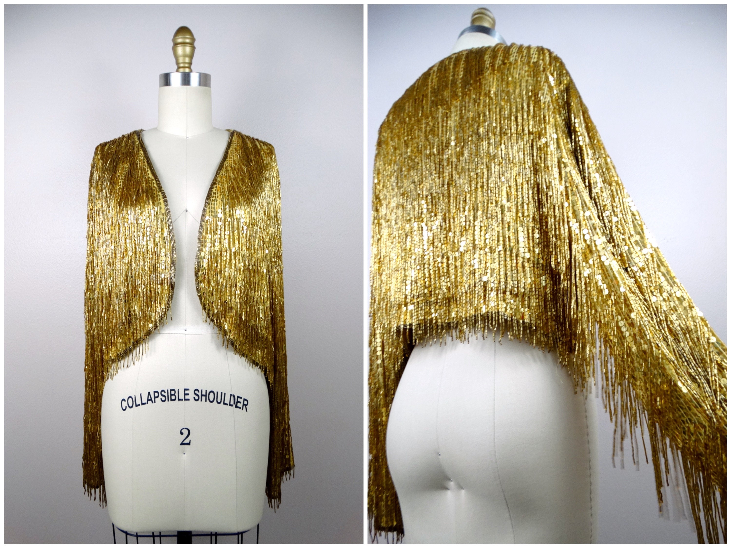 RARE Gold Fringe Beaded Bolero / HEAVY Tassel Beading Sequin RARE Gold Fringe Beaded Bolero / HEAVY Tassel Beading Sequin