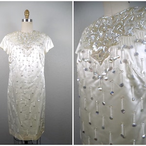 50s 60s Paillette Sequin Fringe Beaded Dress / 1950&#39;s 1960&#39;s Art Deco Iridescent Ivory Silk Satin Dress