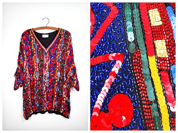 neiman marcus beaded dress HEAVY Mini • Oversized Sequin Top • Bead and Sequined Dolman Sleeve Tunic Dress by Judith Ann Creations NOMANY sapphire blue wedding guest Color:Strawberry