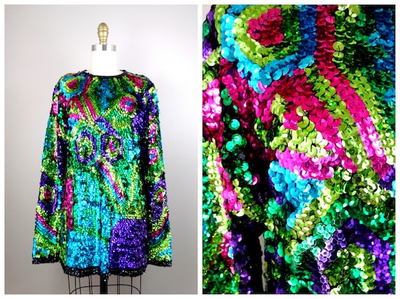Bright Sparkling Sequin Tunic Top // Kelly Green … - image 1
