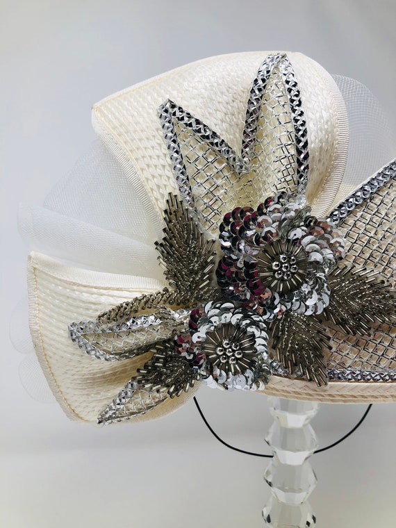 Vintage Beaded Sequined Church Hat / White Beaded… - image 7