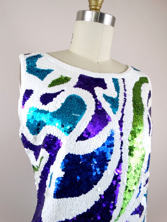 S/M 90s Sequin Dress // 1990’s Vintage White Purp… - image 2