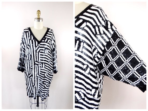 L XL Opt Art Sequin Mini Dress Oversized Black and White Checkered Sequin Embellished Tunic Dress Etsy UK